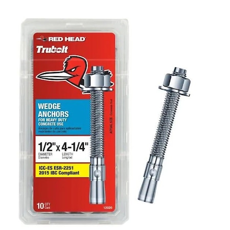 Red Head Wedge Anchor, 1/2" Dia., 4-1/4" L, 10 PK 12020